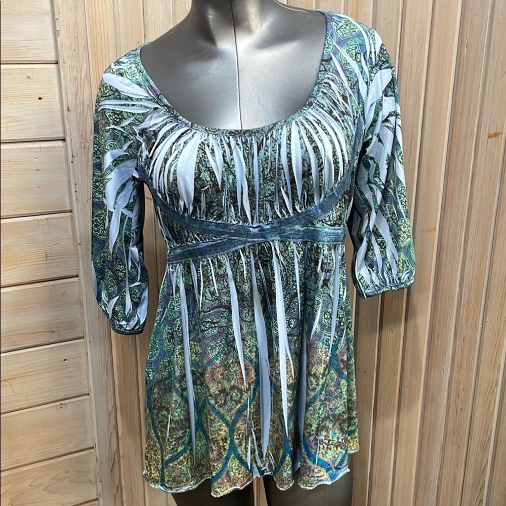 ONE WORLD Relaxed Blue and Green Tunic with Ruched Puff Sleeves